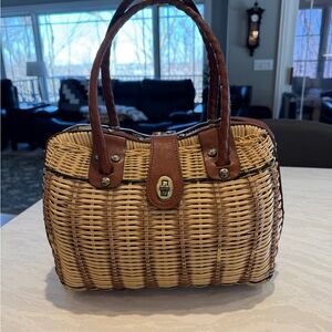 Patricia Nash Woven Wicker Leather Satchel Turn Lock Italy Style